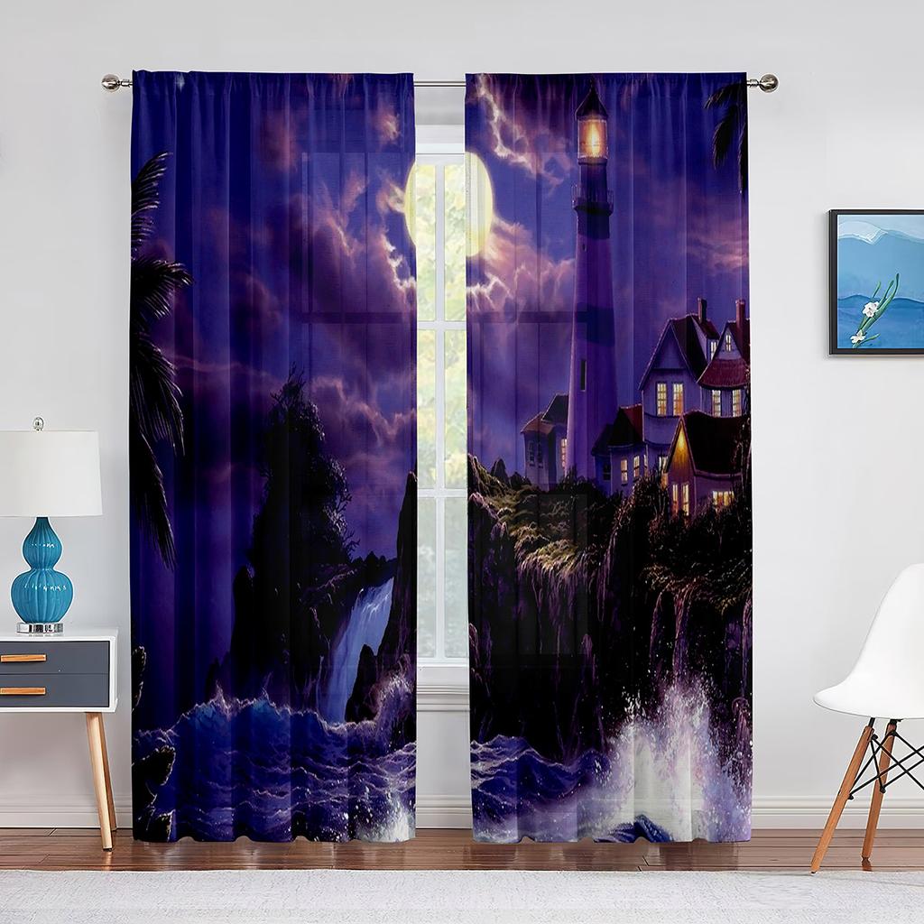 Ozean Leuchtturm Neblige Wolken Mond Nachtansicht Tüllvorhänge für Wohnzimmer Schlafzimmer Fenster Vorhang Küche Transparenter Voile Vorhang