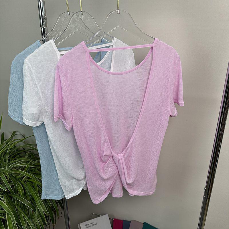 Crisscross Open Back Bamboo Fiber Breathable Yoga Cover-up T-shirt with Sun Protection 