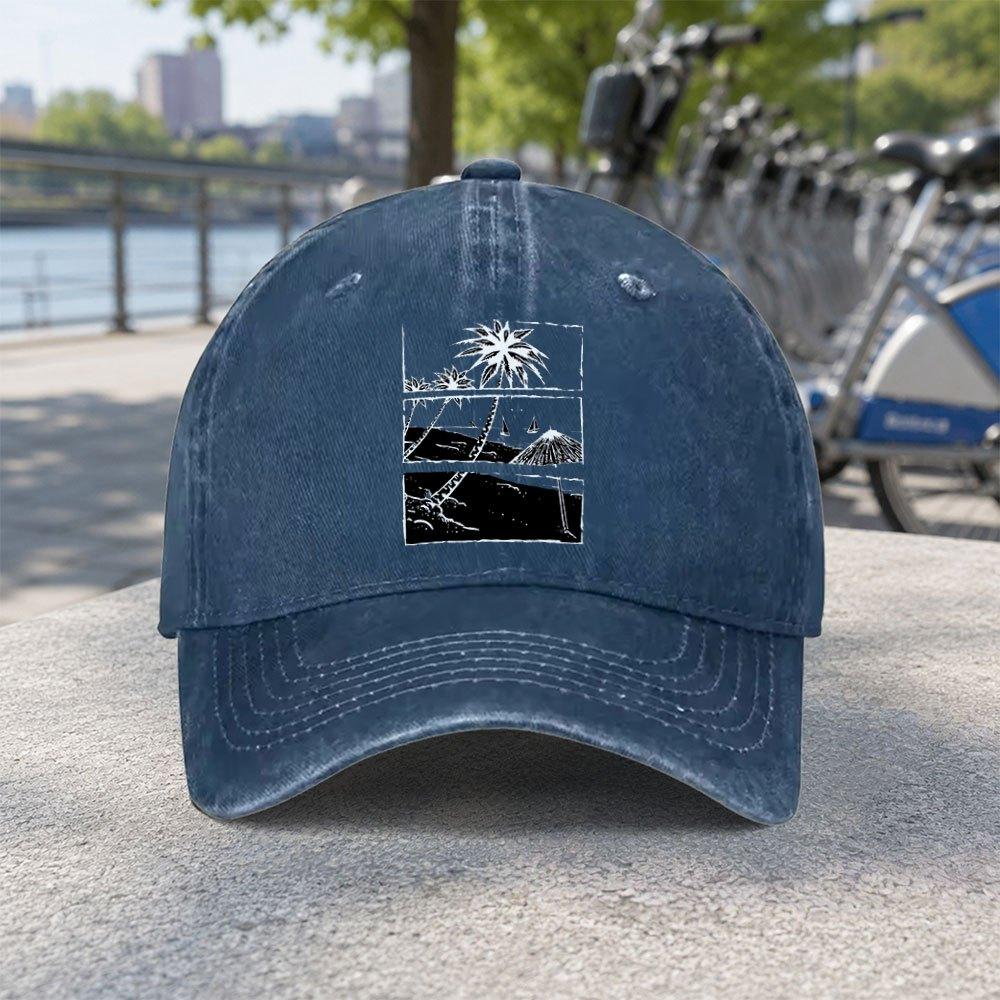 Unisex Washed Baseball Cap With Coconut Tree Beach Scenery Casual Duckbill Hat For Travel Fishing Camping Sports