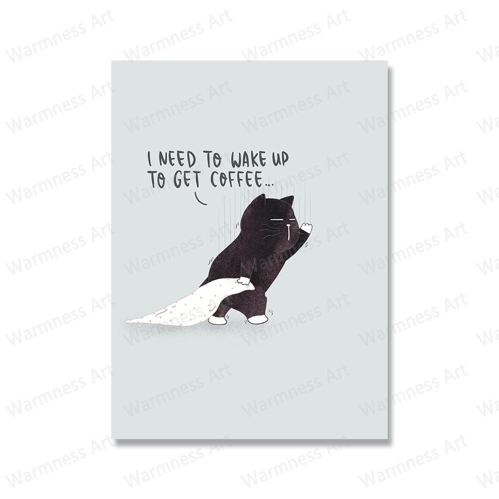Funny Cute Black Cat Eat Foods Poster Nordic Wall Art Canvas Painting Prints Cartoon Animal Pictures For Living Room Home Decor No Frame