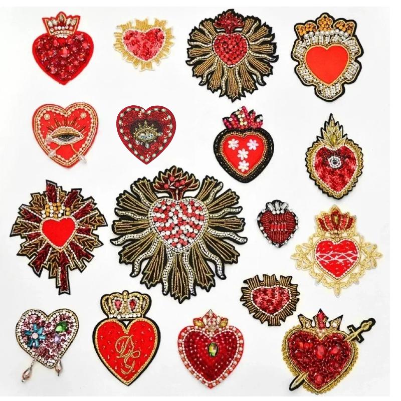 Large Handmade Bead Embroidered Red Heart-shaped Cloth Sticker, Fashionable DIY Clothes, Pants and Jackets Decorative Decals