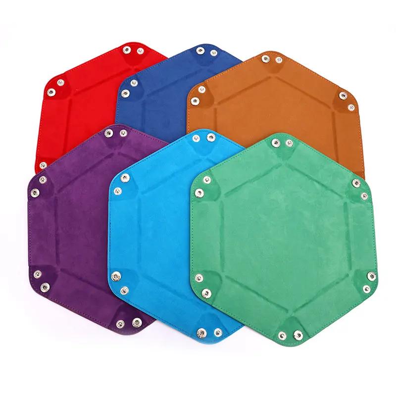 High Quality Foldable Dice Tray Box PU Leather Folding Hexagon Coin Square Tray Dice Game