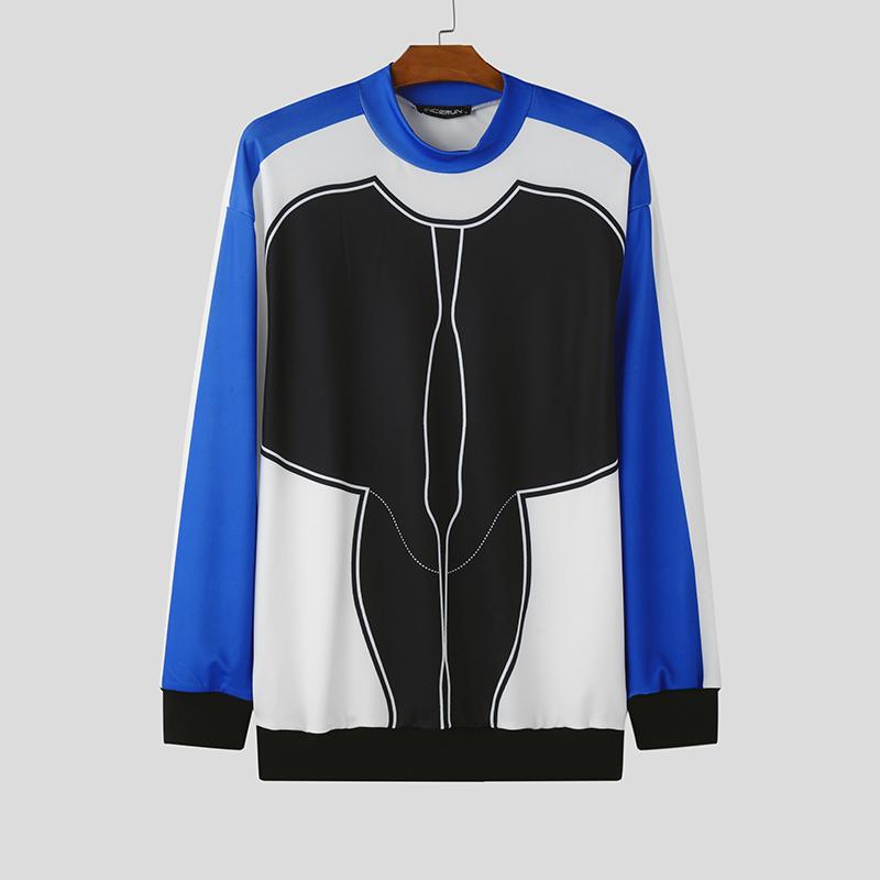 

INCERUN весна-осень мужские длинные рукава воротник-стойка принт пэчворк повседневные свободные топы пуловеры S синий