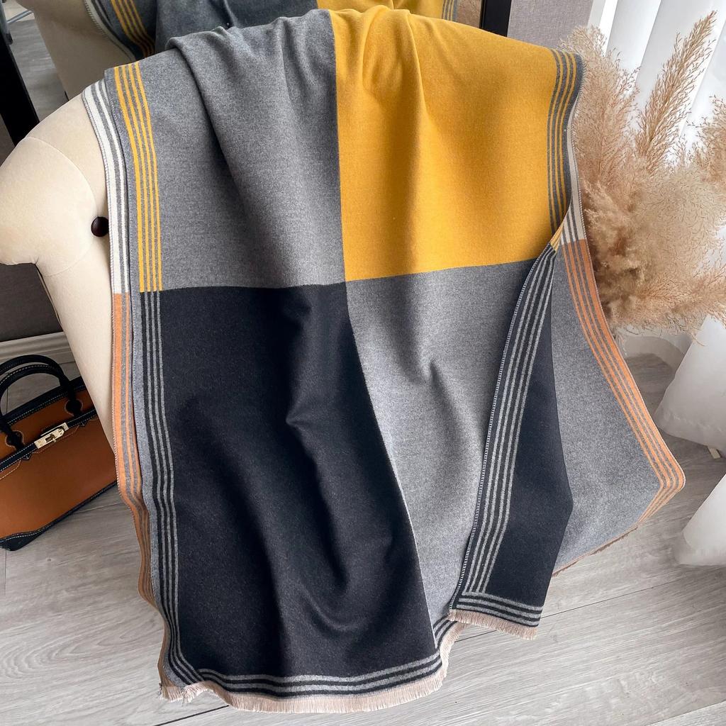 Fashion Korean-Style Colorblocked Faux Cashmere Scarf For Women Air Conditioner Shawl Elegant Thickened Cold-Proof Wrap For Autu