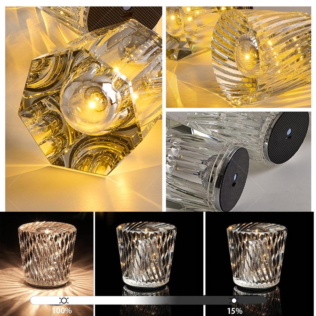 Crystal Table Lamp, Diamond Table Light, Bedside, USB Rechargeable, 3 Bright Colors, Room Night Light, Bedroom Ambient Lighting, Cordless Decorative T