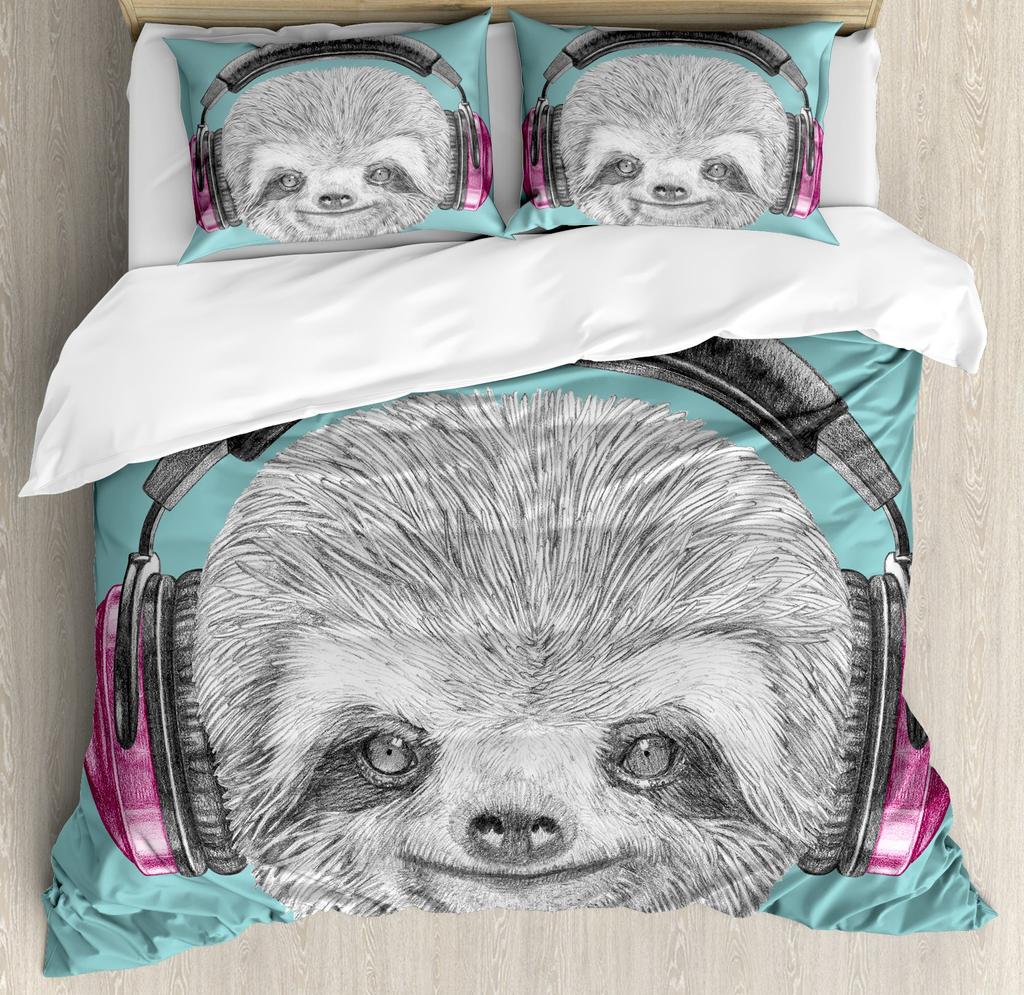 Cartoon Sloth Duvet Cover Set Girls Boys Bedroom Tropical Leaves Comforter Cover Full Size Cute Animals Bedding Set with Zipper