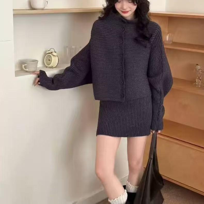 Autumn and winter new loose casual knitted turtleneck long-sleeved sweater women's cardigan top + skirt two-piece set