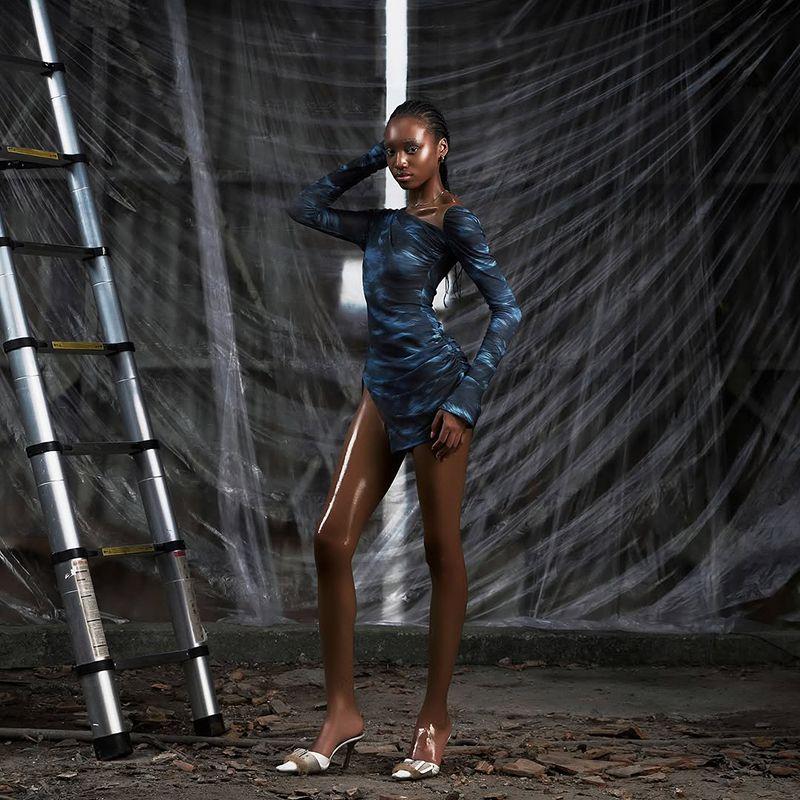 

# Sisjuly# Sexy Style Model Mottled Smudges Asymmetrical Slant Shoulder Slit Slim-Fitting Long Sleeves Dress Female Blue L