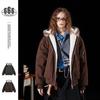 THREATENED Unisex Japanese Retro Workwear Cotton Jacket with Fur Hood, Loose Winter Coat AB1132