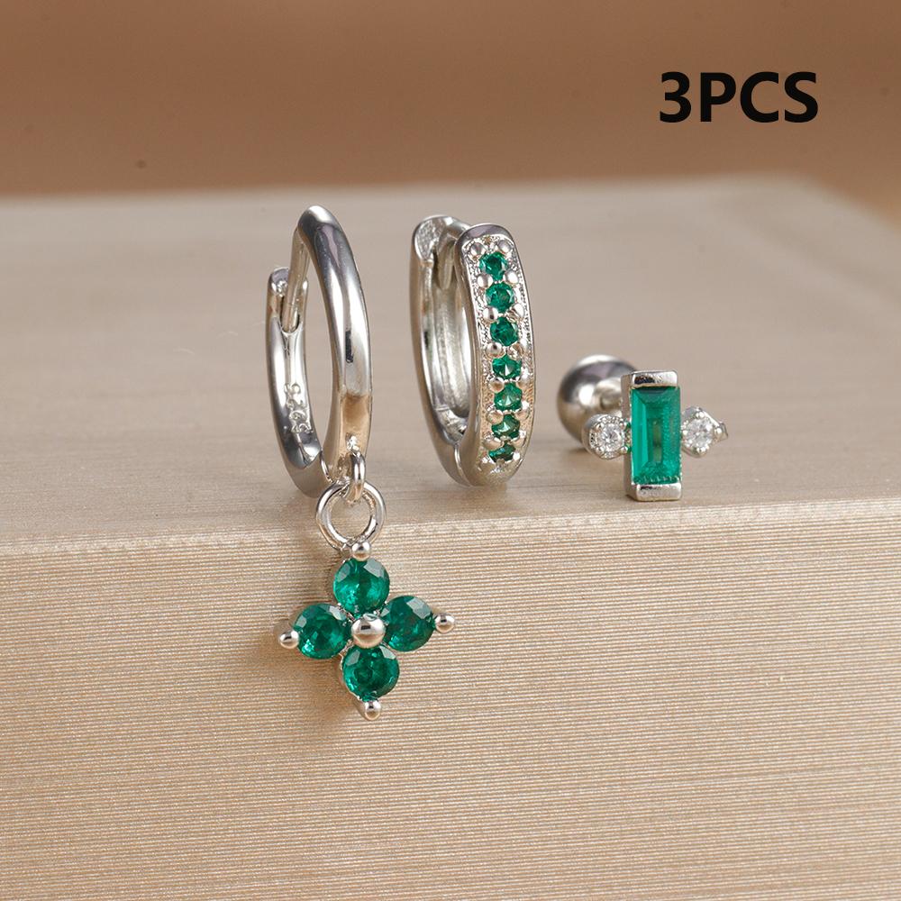 3PCS Green Zircon Flower Hoop Earrings Women Tiny Stainless Steel Round Circle Cartilage Piercing Earring Fashion Jewelry Sets