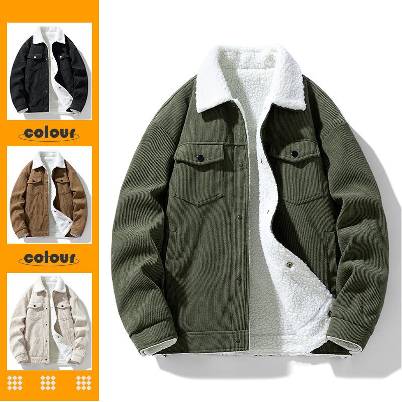 Tjockt lammskinn avslappnad retro krage arbetsklädesjacka, bomullsjacka, manchesterjacka