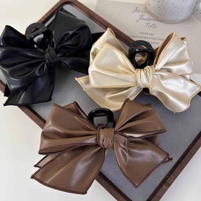 Retro Leather Stripe Bow Hair Claw Headband Womans Elegant Hair Pins Large Shark Clips Female Fashion Barrettes Hair Accessories