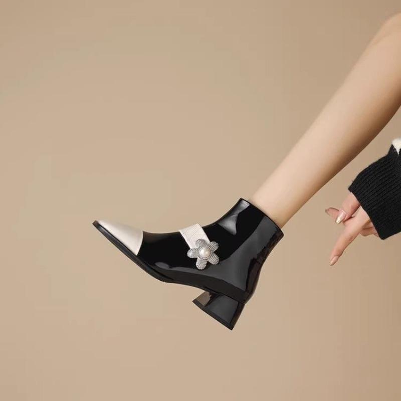 Fashion Color Blocking Square Toe Leather Woman Short Shoes Autumn Winter Fleece-Lined Ankle Boots for Women Trend 2025 Fashion Booties