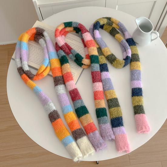 Yousheng Rainbow Striped Scarf Women Long Skinny Fuzzy Fluffy Neckerchief Knit Thin Scarf Autumn Winter Knitting Scarf Outfit Accessories