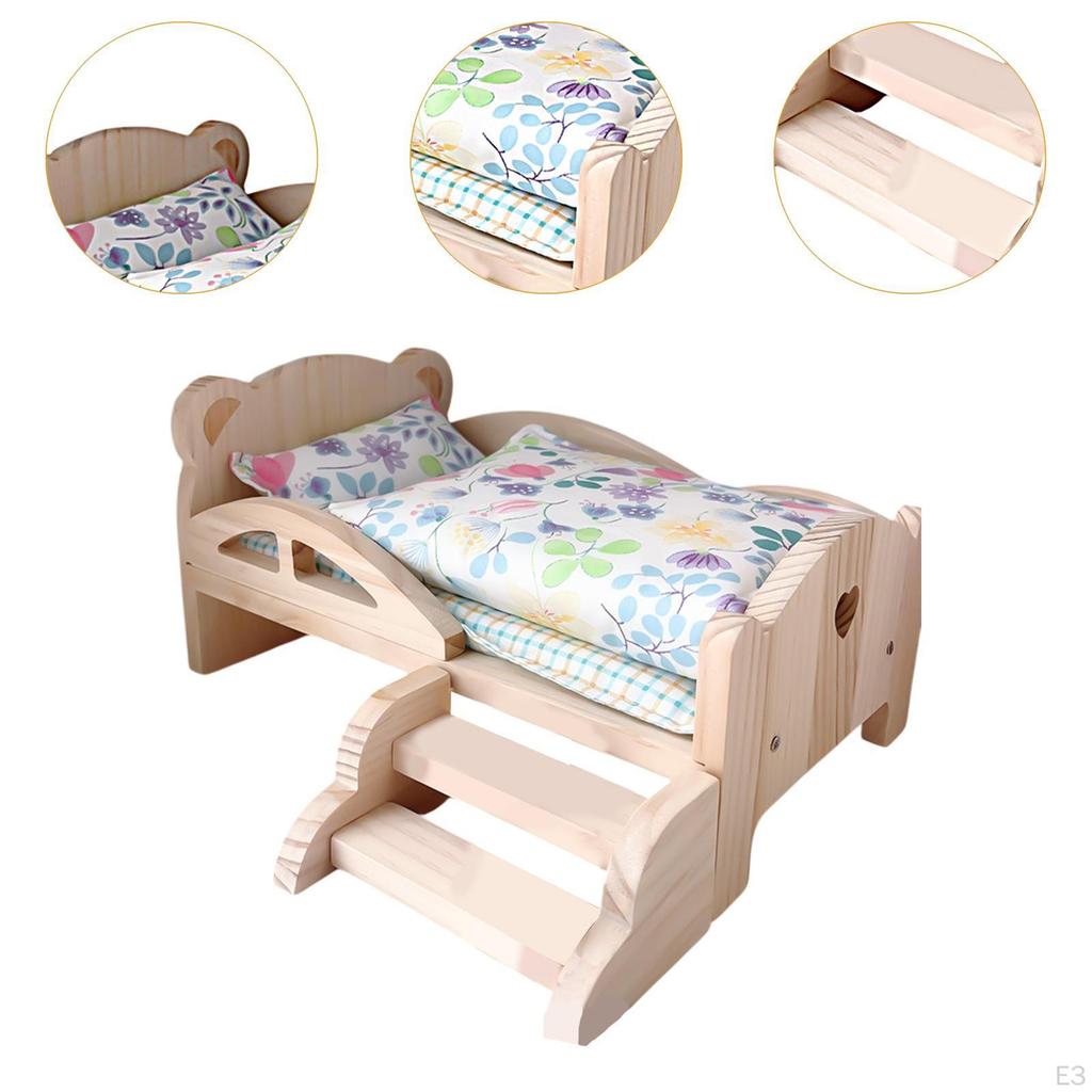 1/12 Wooden Doll Bed Set with Bedding Accessories for Dollhouse Fun