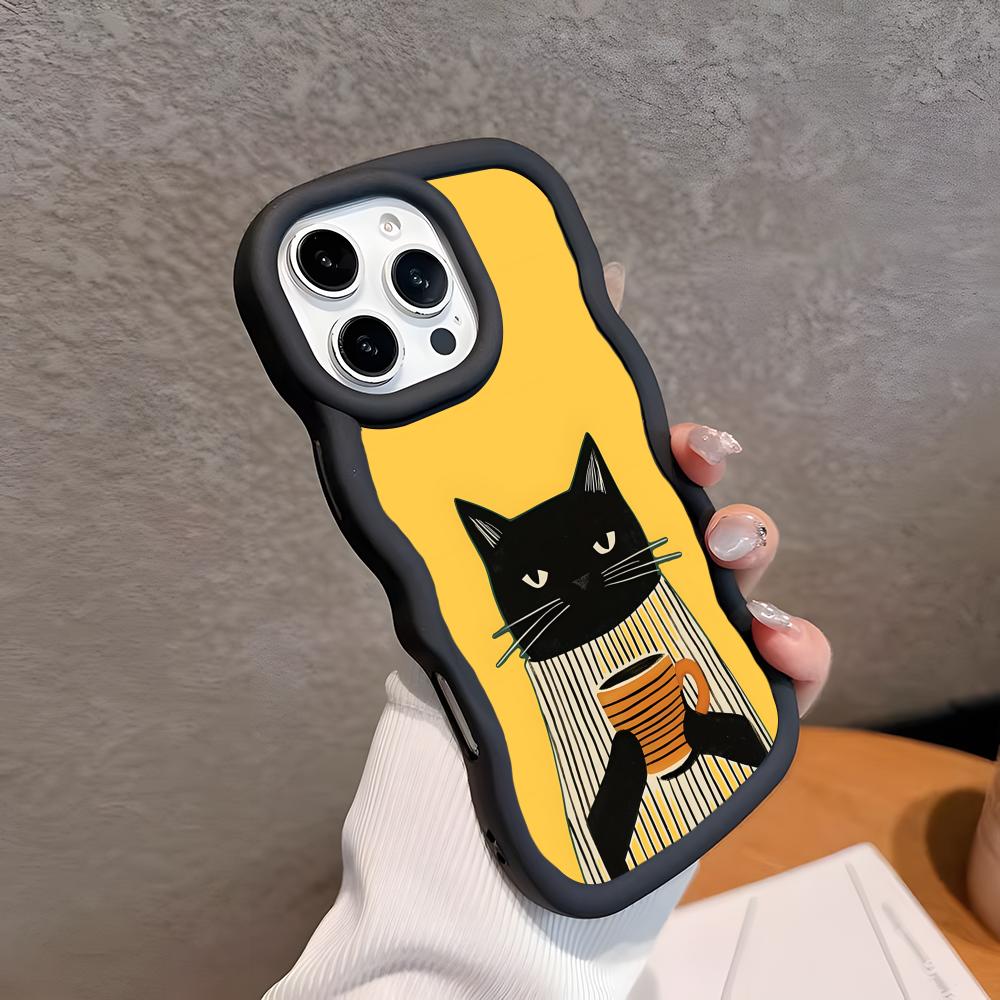 

Cute Coffee Cat Wavy Edge TPU Mobile Phone Case for iPhone 17 16 15 14 13 12 11 Air Pro Max Plus Colorful Cover iPhone 15 Pro