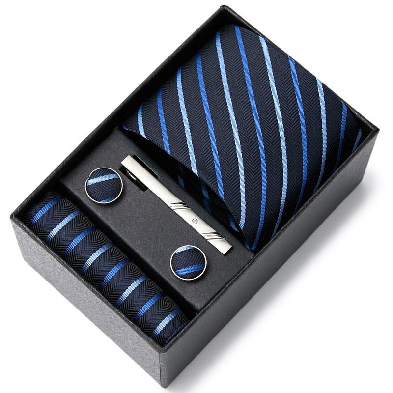 Tie Men'S Business Professional Dress Suit Blue Striped Gift Box Polyester Silk 7.5Cm Business Gift