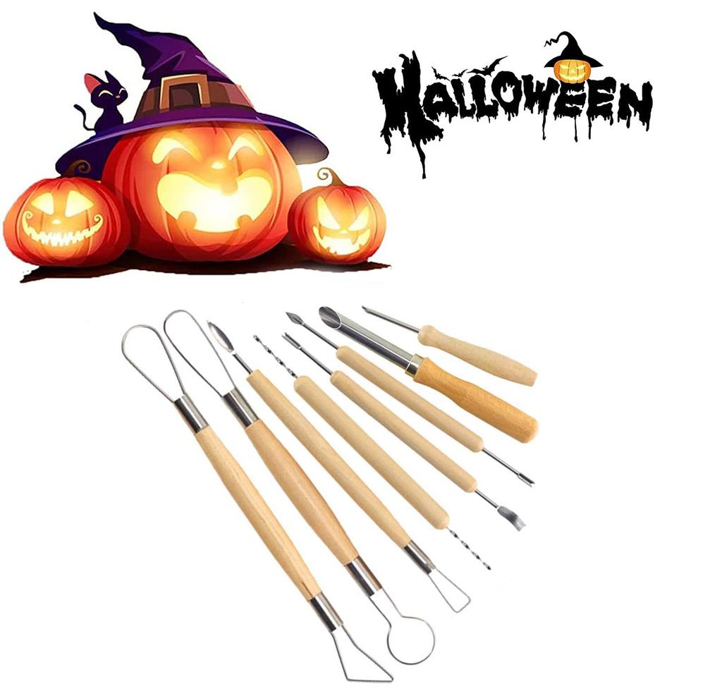 8pcs/set Pottery Tools Pumpkin carving knife Pottery Sculpting Detail texture Shaping Clay Tools Kit With Smooth Wooden Handle