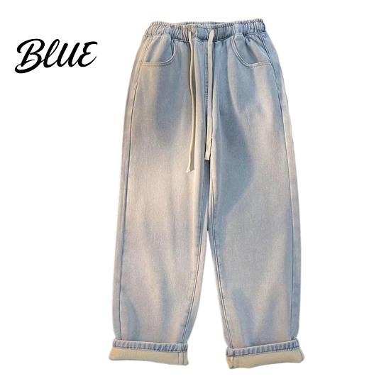 Solid Color Jeans Pants Loose Waist Adjustable Mid-rise Elastic Women Winter Drawstring Sport Fit