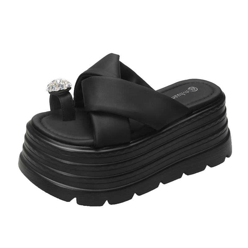 Fashion Women High Platform Slippers New 2025 Summer Beach Flip-Flops Ladies 8.5CM Wedge Heels Flock Shoes Woman Outside Chunky Sandals