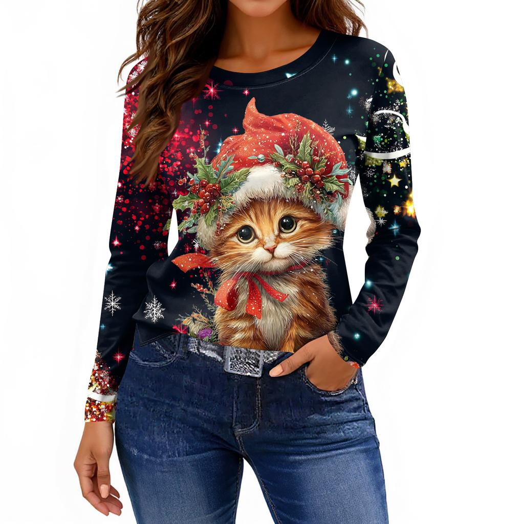 Women's Fashion Casual Slit Hem Round Neck Long Sleeve Loose Printed T-Shirt Ladies Top