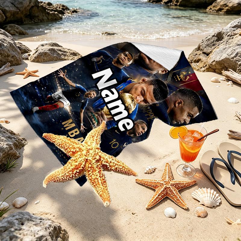 Personalisierbares Strandtuch mit Kylian Mbappe Aufdruck und individuellem Namen, für Reise Camping Strandparty Heimdekoration, Geburtstagsgeschenk für Familie & Freunde