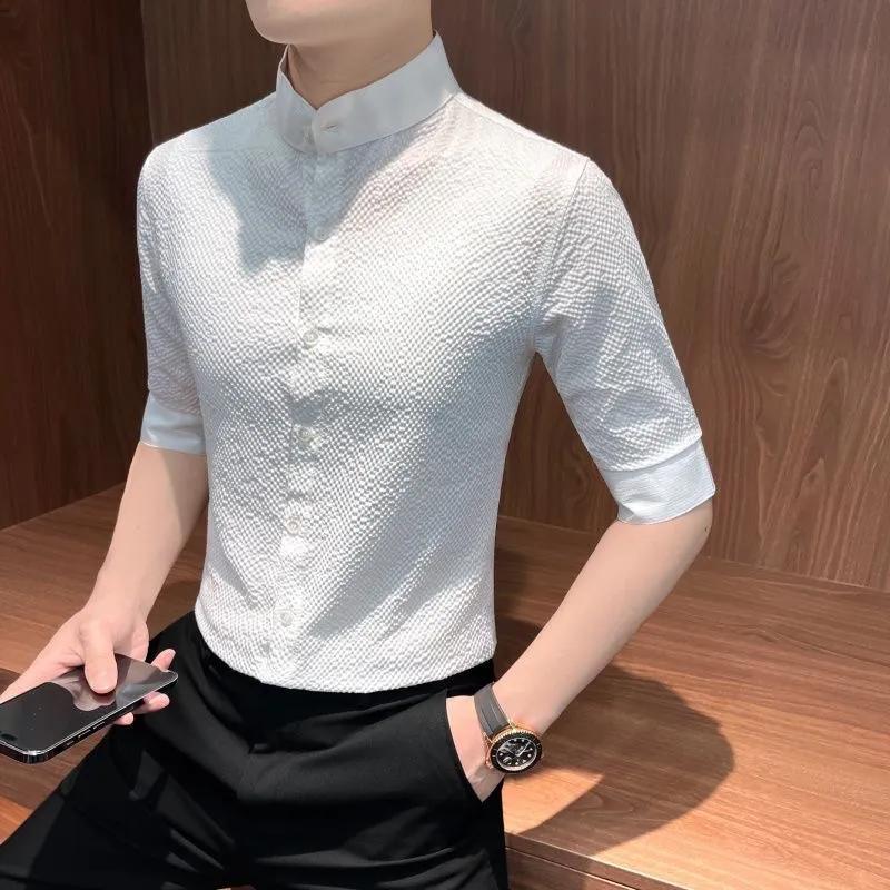 

Men s White Stand Collar Shirt Textured Fabric 3/4 Sleeve Slim Fit Casual Top M белый