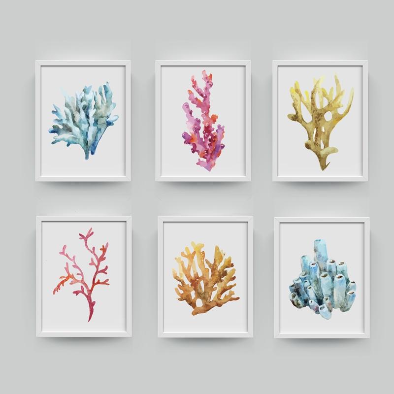 Corals Art Print Wall Pictures Home Decor  , Watercolor Cora Print Wall Art Hanging Bathroom Canvas Painting Nautical Decoration