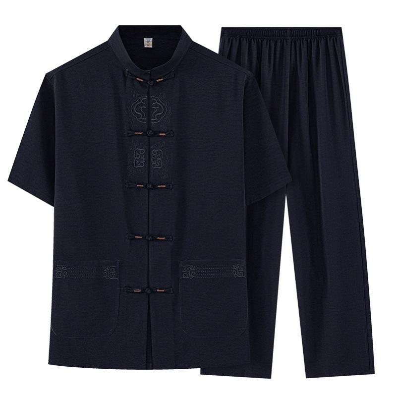 Chinese Style Chinese Style Cotton and Linen Men's Tang Suit Jacket Short-sleeved Men's Summer Shirt Tai Chi Suit