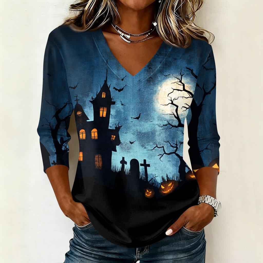 Women's Casual V Neck Halloween Print 3/4 Sleeve T Shirt Top Lightweight Soft Fabric Comfortable Fit Stylish Design for Everyday Wear