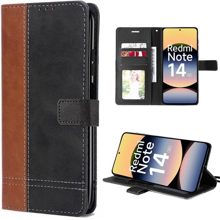 Hülle - E.F.CONNECTION - Für Xiaomi Redmi Note 14 5G - Synthetisches Leder - Stoßfest - Zweifarbig Braun/Schwarz