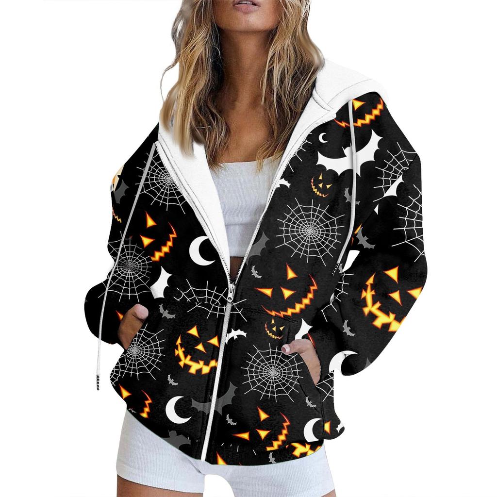 Women's Long Sleeve Halloween Printed Sweatshirt Pocket Zipper Hooded Jacket