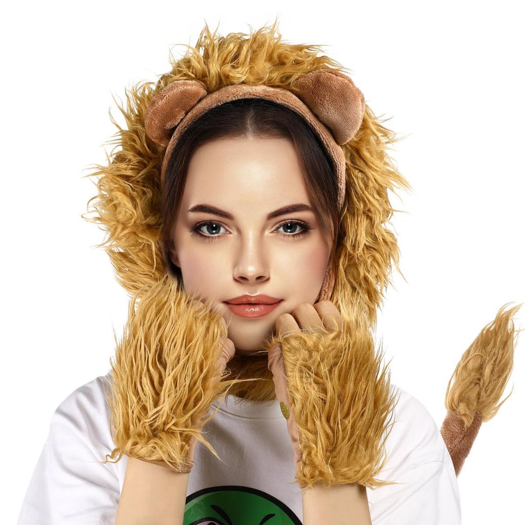 Generic Lion Design Cosplay Set for Hair Lion for Costume and Birthdays Kids, Hoop, Gloves, Tail, Brown, Parties, Halloween,