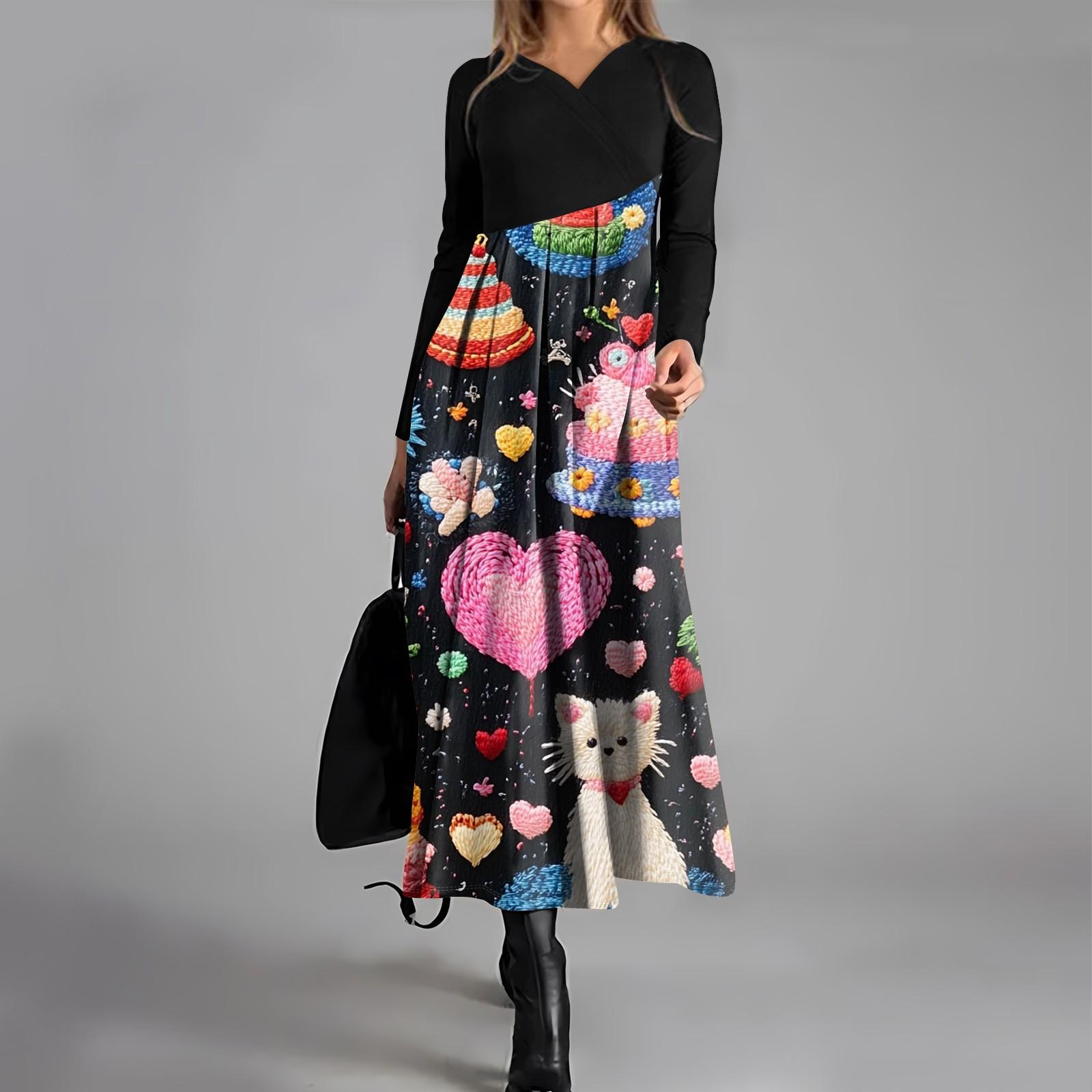 

Жіноча модна повсякденна велика сукня з V-подібним вирізом і довгими рукавами з квітковим принтом і кишенею на талії L рожевий