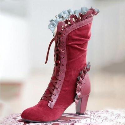 Frauen Platz High Heel Stiefel Frauen Sexy Flock Leder Stiefel Herbst Winter Vintage Spitze Schuhe Frauen Lace-Up Mode stiefel