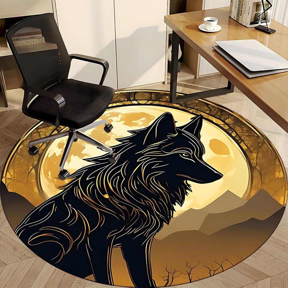 1pc Moon Wolf Office Round Area Rug, Under Office Chairs Bedroom Living Room Home Decor, Room Deco
