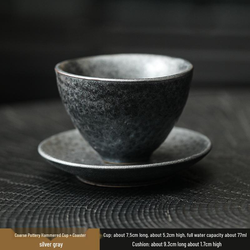 Handmade Jianzhan Coarse Pottery Teacup Set with Hammered Pattern - Retro Ceramic Kung Fu Tea Cup & Coaster