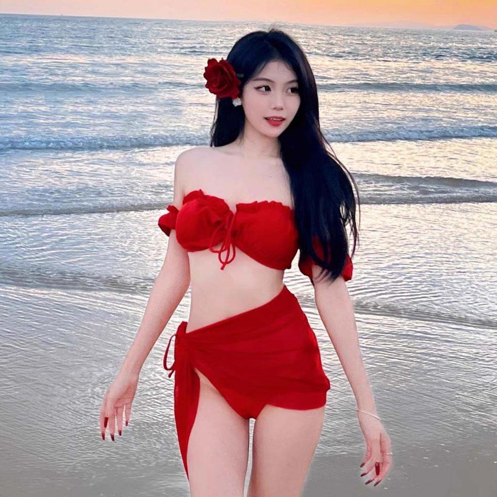 European and American style sexy swimsuit women's summer 1011 new vacation bikini red size chest gathering hot spring swimsuit
