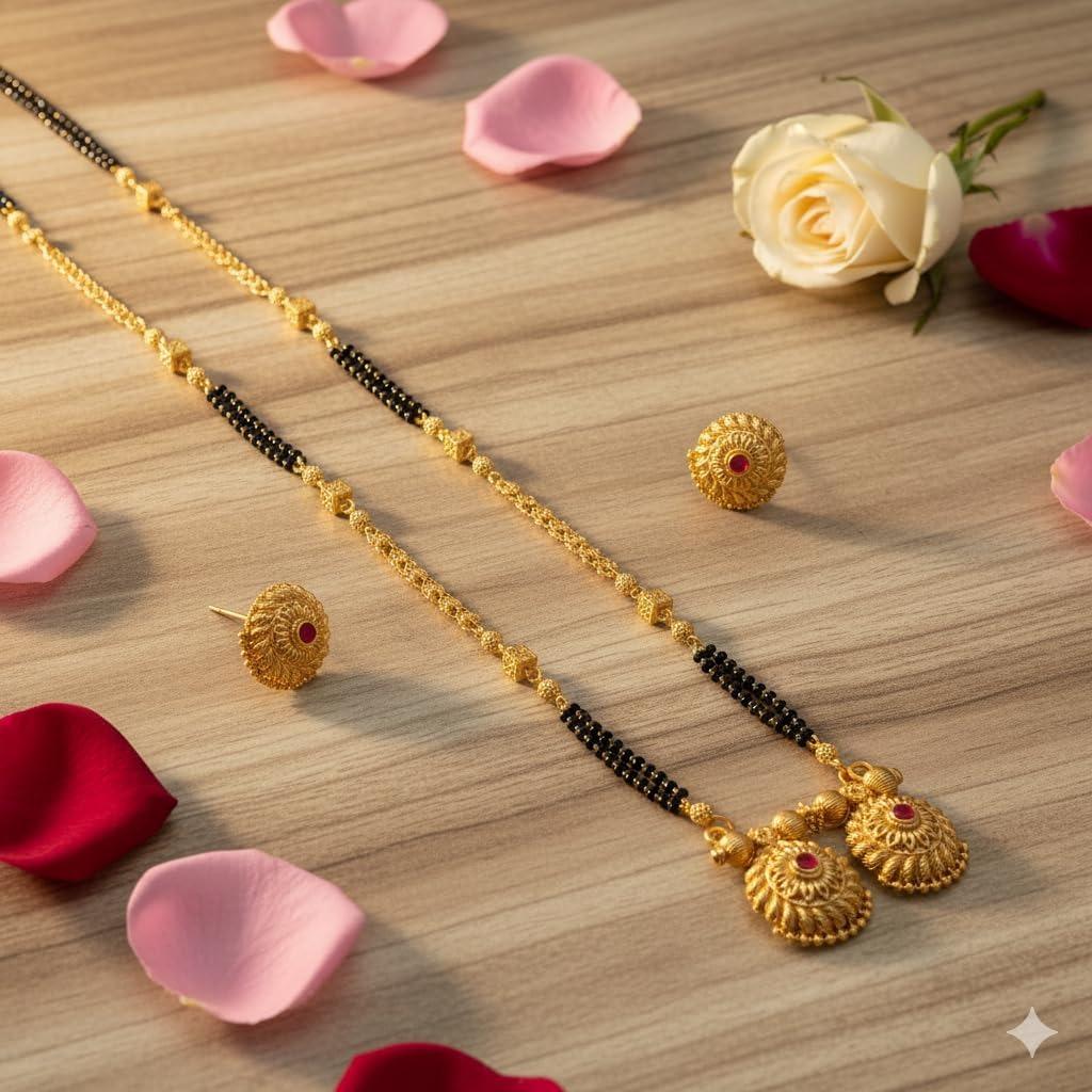 Tradiční Maharashtrian Mangalsutra o délce 36 palců s kulatým přívěskem a květinovými náušnicemi
