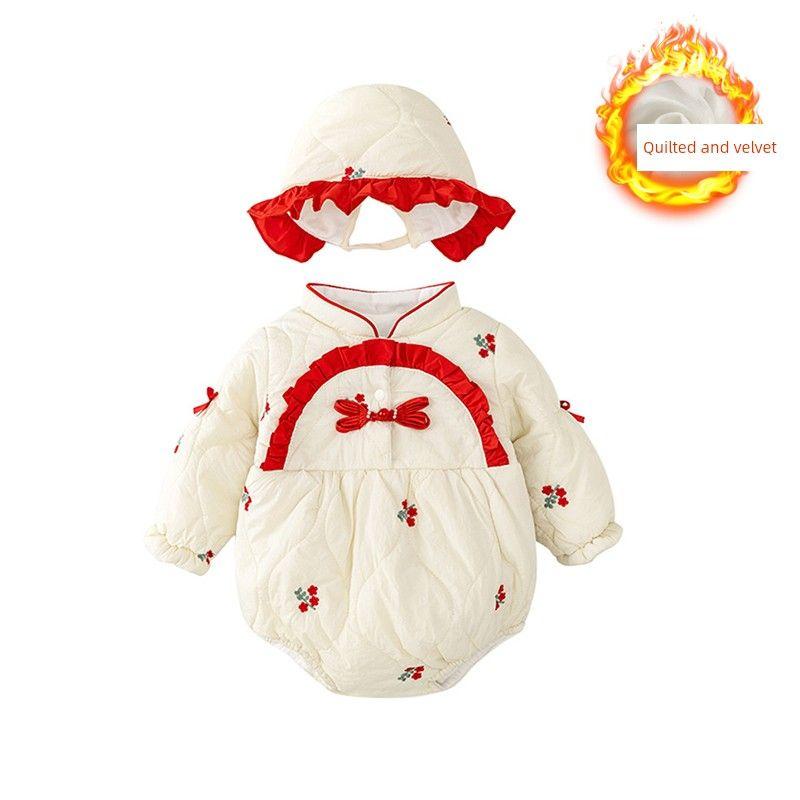 

Baby Clothes for Autumn and Winter, Fleece-Lined and Thickened, Newborn Romper, Winter Girls Dress, Cotton Coat, Winter Sisters Matching Outfits Bodysuit & Hat Set 73