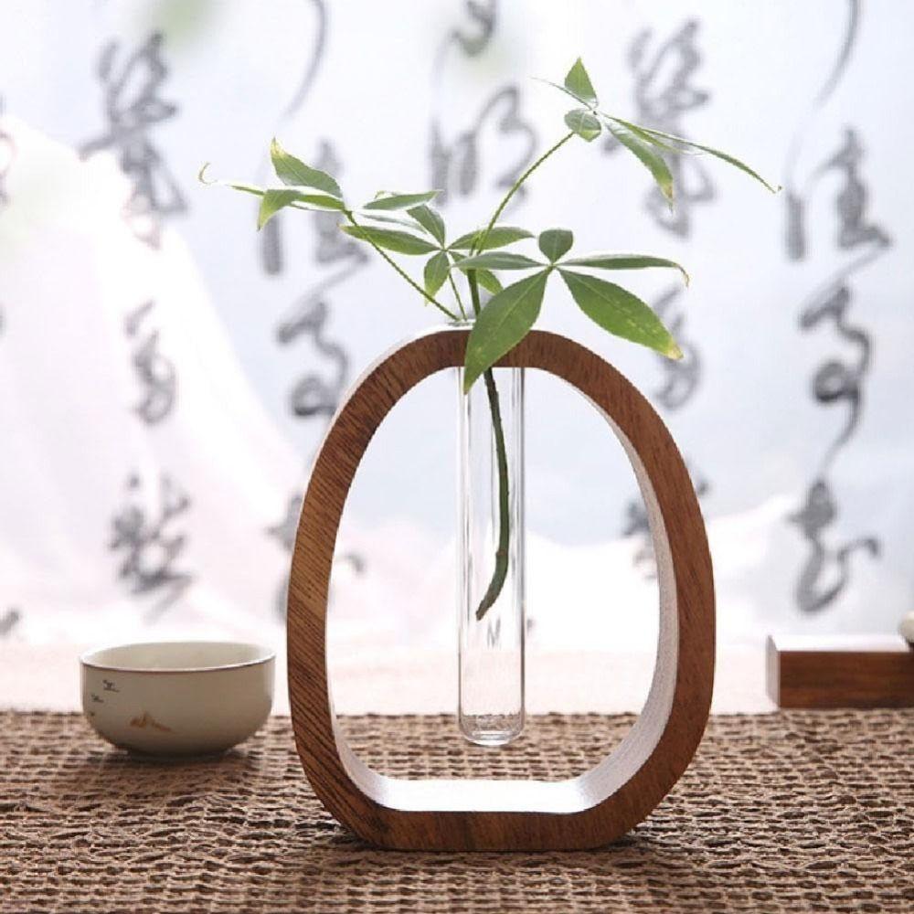 Vase Ornaments Solid Wood Flower Vase Test Tube Shape Glass Vase  for Home Desktop Decoration