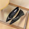 Pointed Toe 5cm Height-Increasing Nude Rhinestone and Black Patent Leather Flats