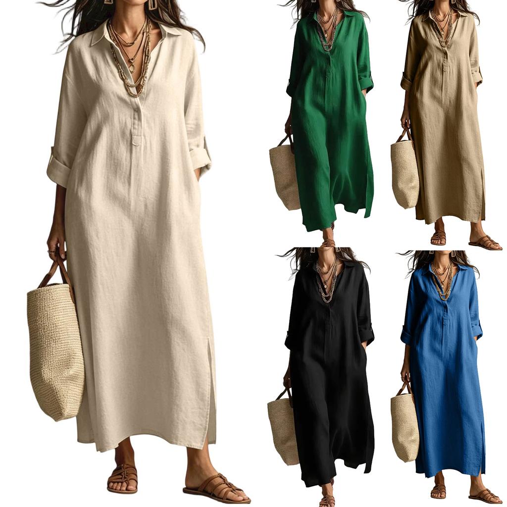 Women’s Long Sleeve Shirt Dress Linen Cotton Collared Maxi Dress Loose Fit Spring Summer Casual Style