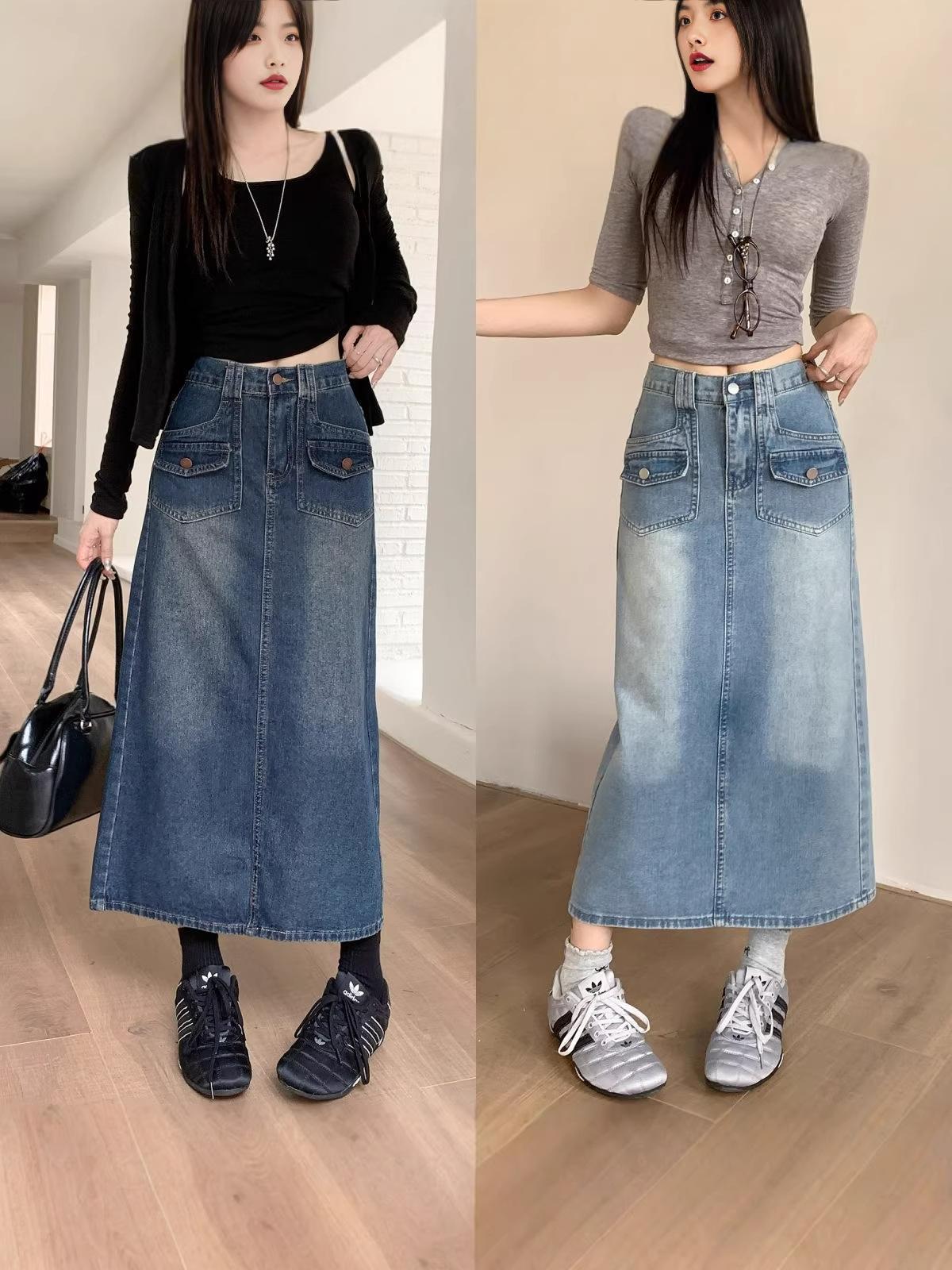 2026 Spring Plus Size American Retro High Waist Denim A-Line Midi Skirt with Slit M