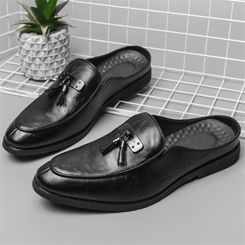 Luxury Designer New Men Black Tassels Half Slippers Shoes Casual Pu Leather Mules Moccasins Breathable Loafers Zapatos Hombre