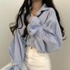 Striped and Knit Vest Ruffled Sweater Korean Style for and [KOREARU] Women's Shirt, Blouse, Set. Blouse. Spring, Summer, Fall, Winter. (Shirt [Blue])