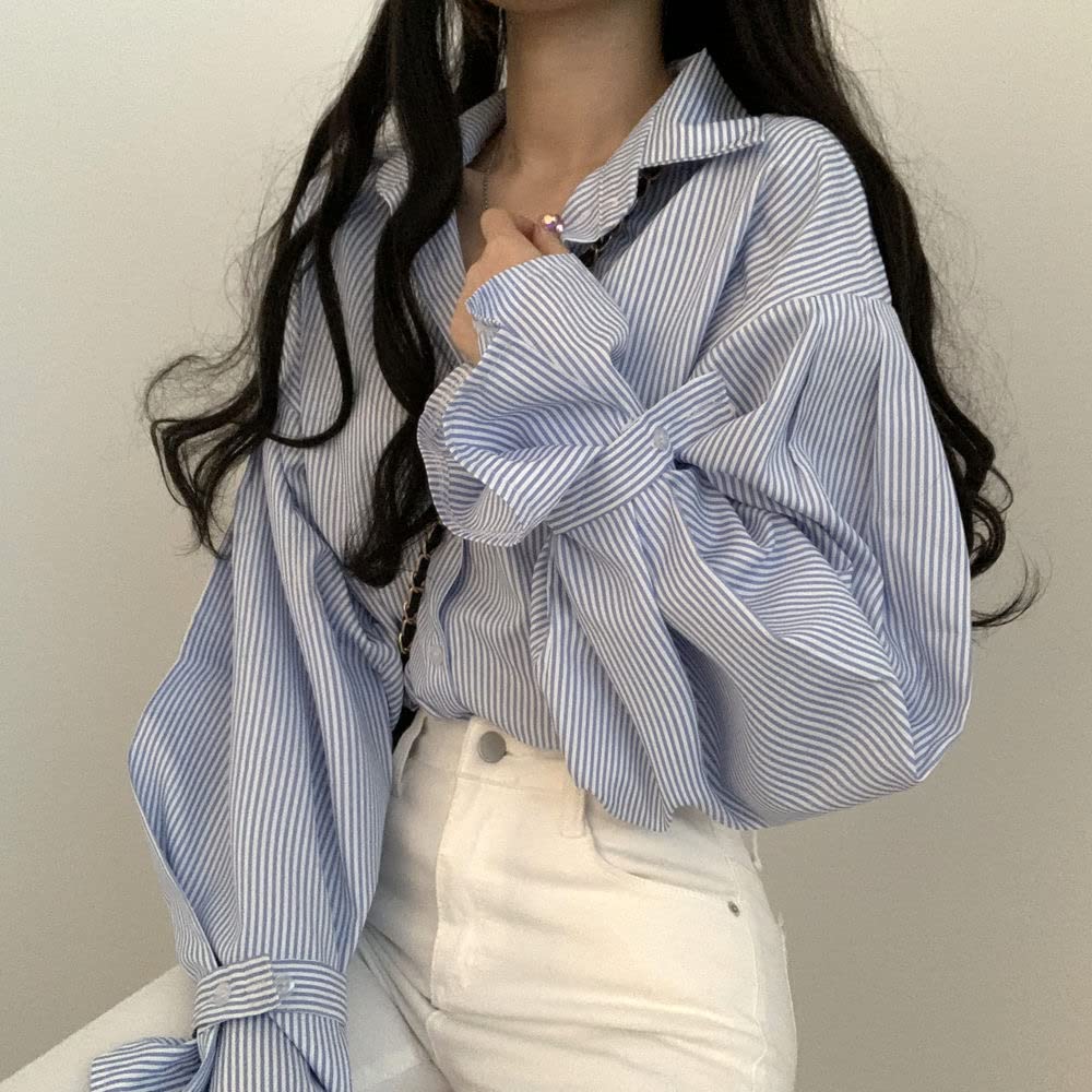 Striped and Knit Vest Ruffled Sweater Korean Style for and [KOREARU] Women's Shirt, Blouse, Set. Blouse. Spring, Summer, Fall, Winter. (Shirt [Blue])