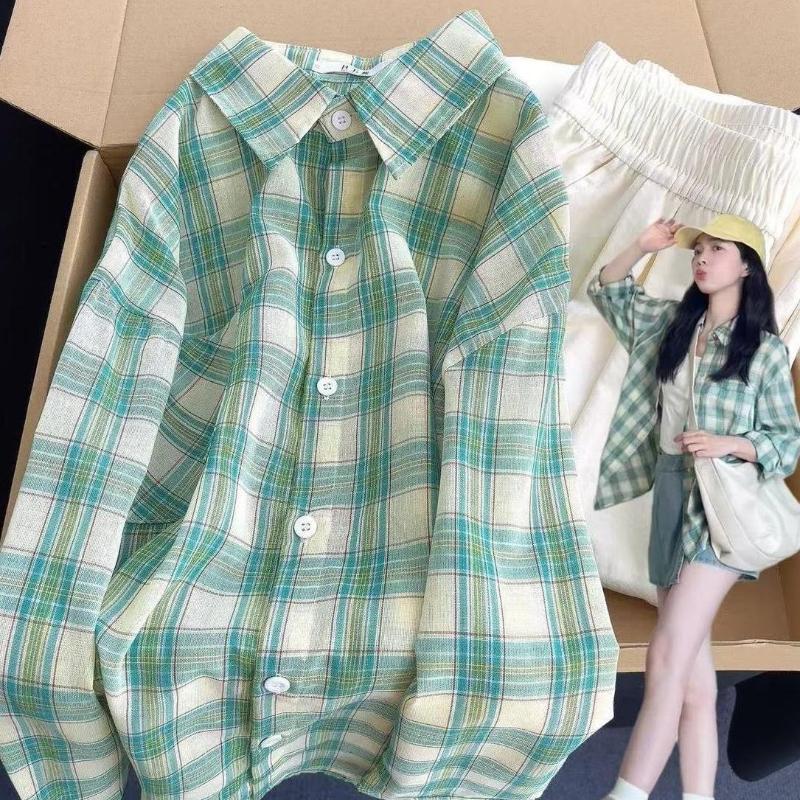 

Женские однотонные клетчатые рубашки с карманами, корейские свободные рубашки с отложным воротником и длинными рукавами, осенний универсальный женский однобортный топ 2XL