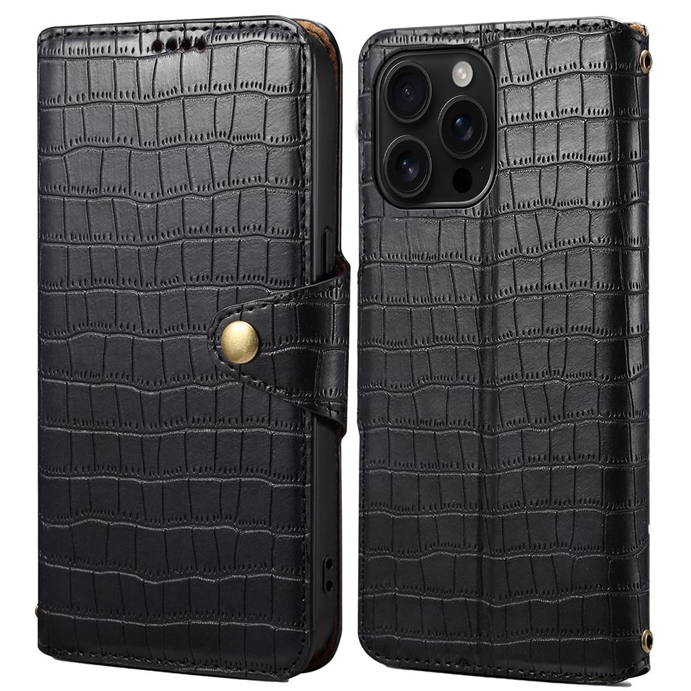 

For iPhone 16 Pro Case Wallet Crocodile Texture Leather Phone Cover Black