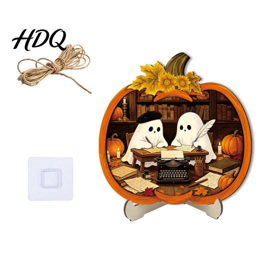 Durable Halloween Decorations Door Sign Glowing Ghost Hanging Decor Wooden LED Window Cool Patterned Ornaments Ornament for Party Spooky